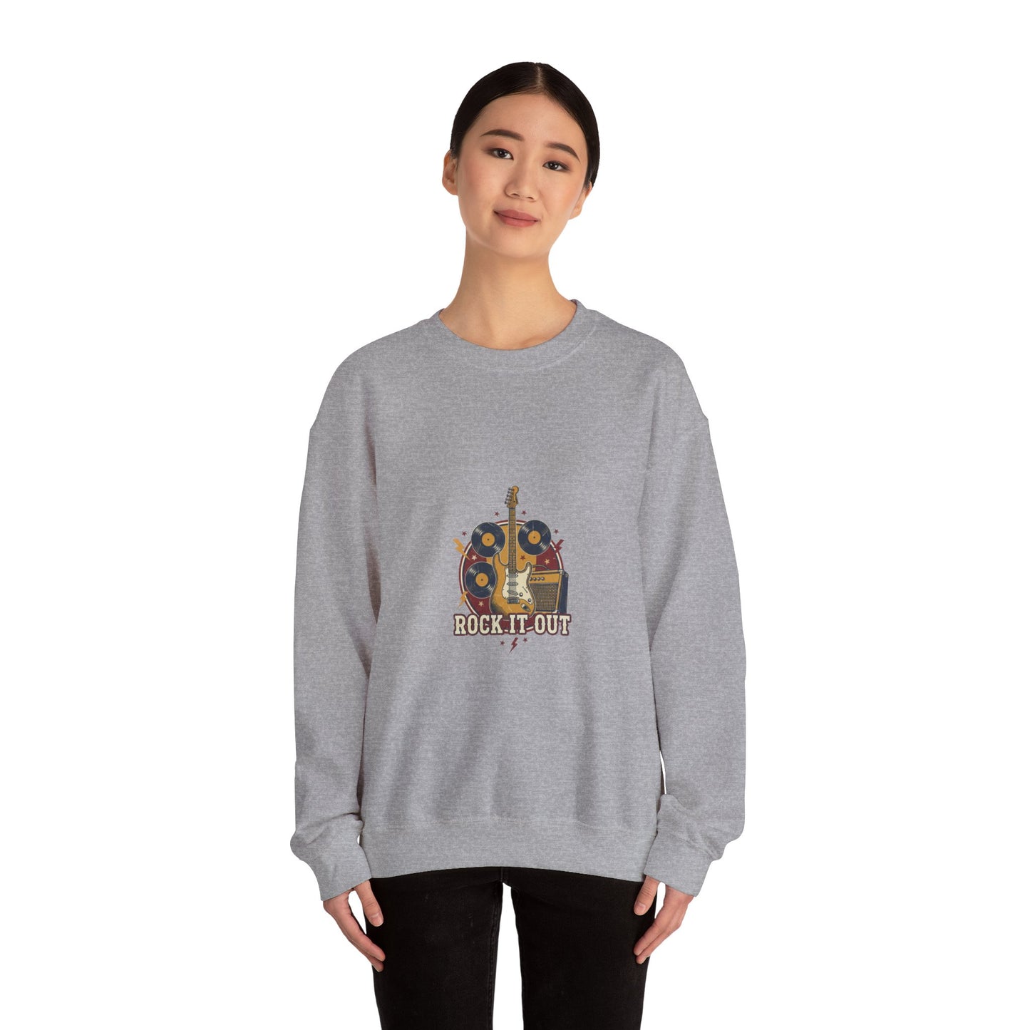 Rock It Out Guitar Crest Sweatshirt | Retro Band Tee, Vintage Style