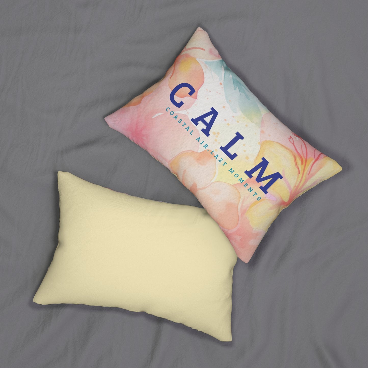 CALM coastal air lazy moments Lumbar Pillow | watercolor florals - Yellow back
