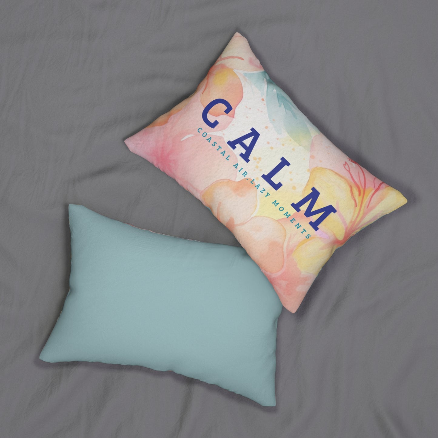 CALM coastal air lazy moments Lumbar Pillow | watercolor florals - Coastal blue back