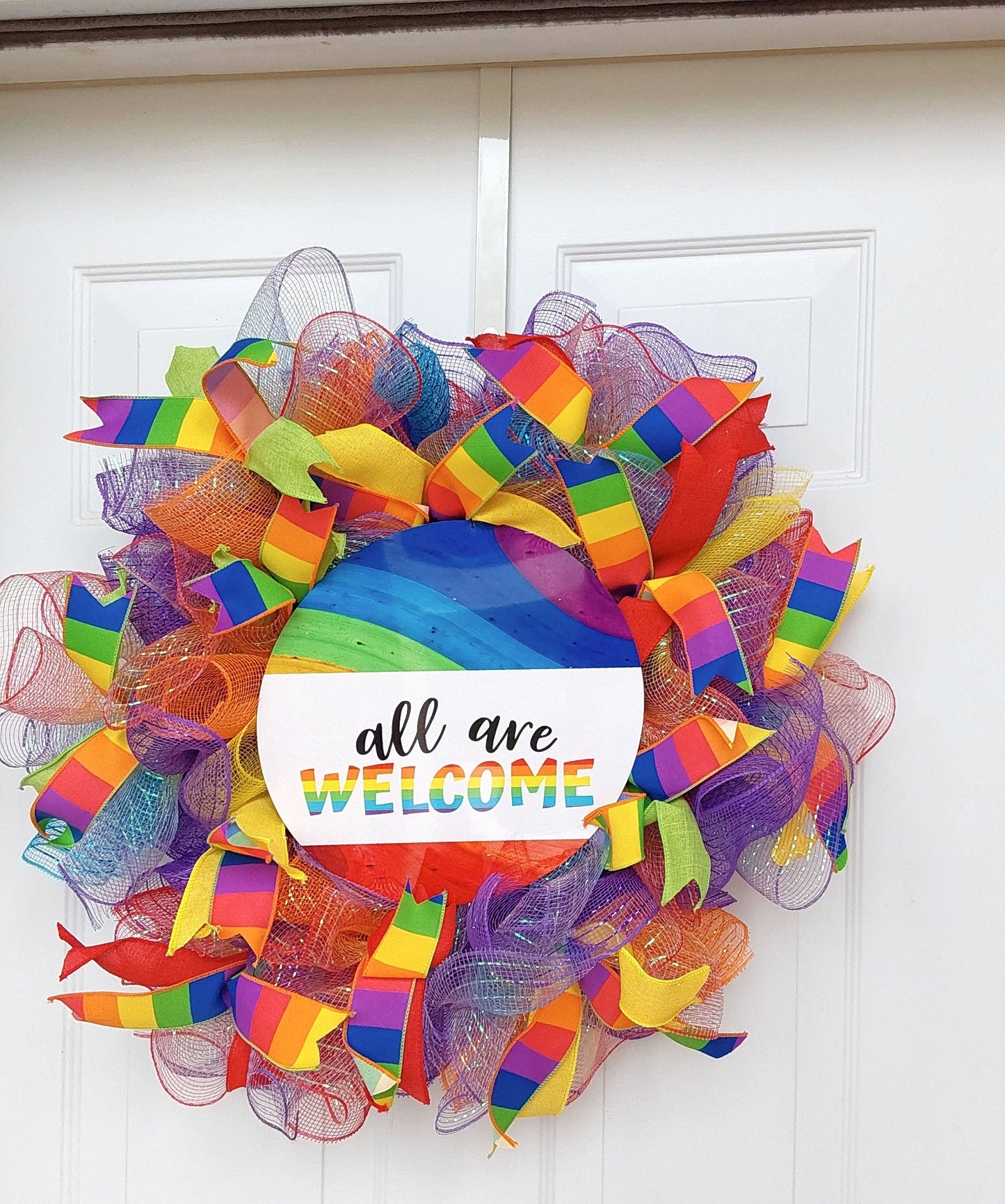 All Are Welcome Rainbow Wreath – Vibrant Front Door Décor