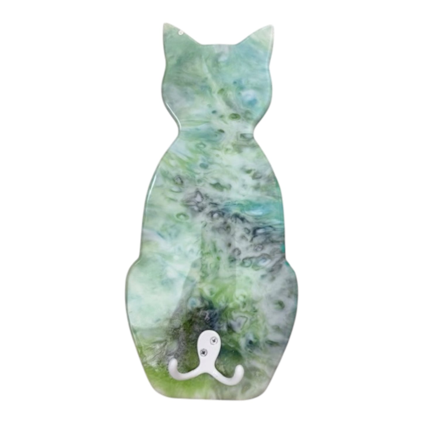Coastal Resin Cat Wall Hook – Green & Ocean Swirl