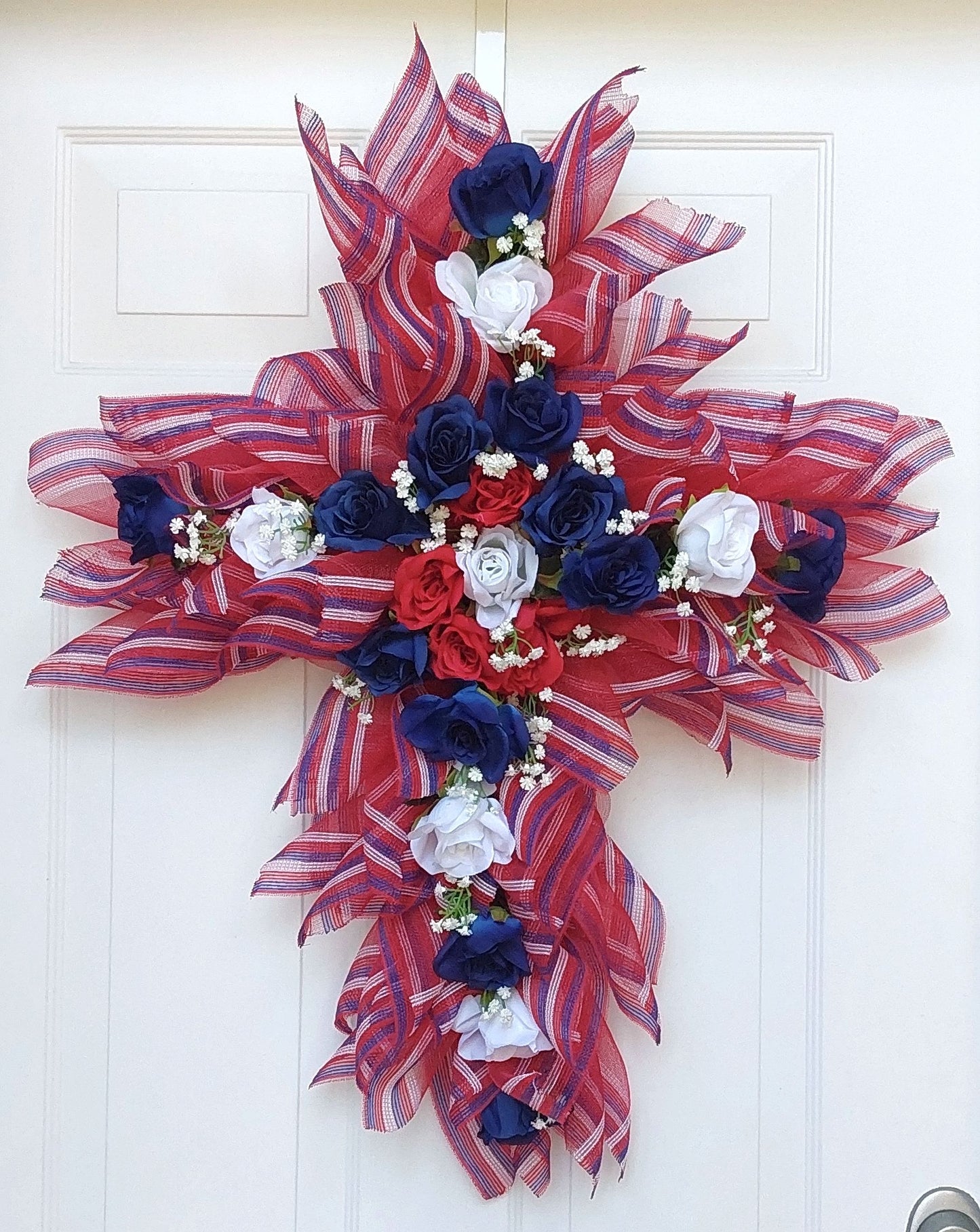 Patriotic Cross Wreath – Red, White & Blue Floral Door Décor