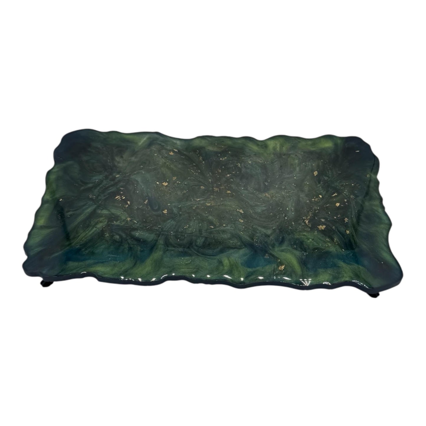 A blue and green resin serving dish on a white background.