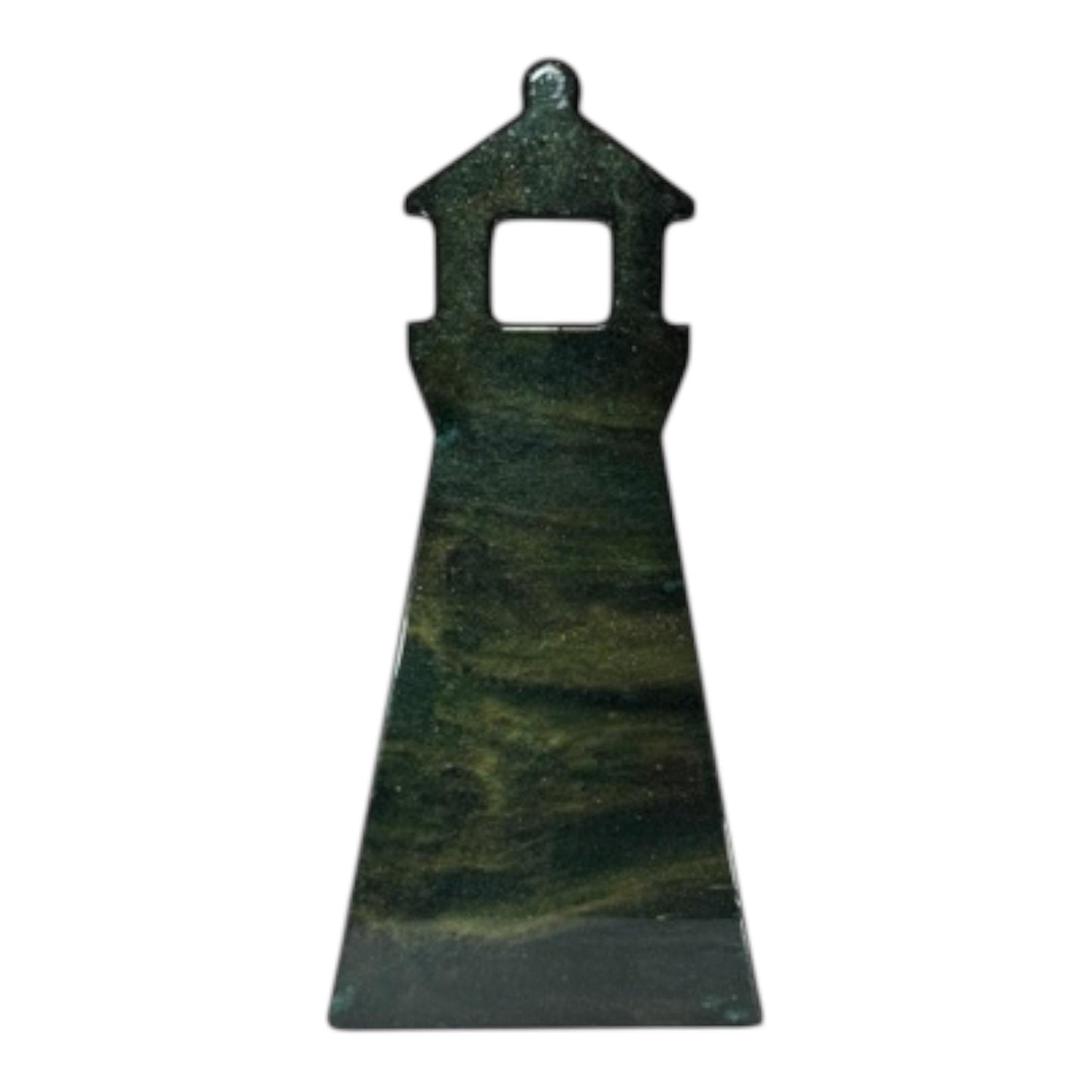 A lighthouse shaped wall art resin in rich marbled green tones