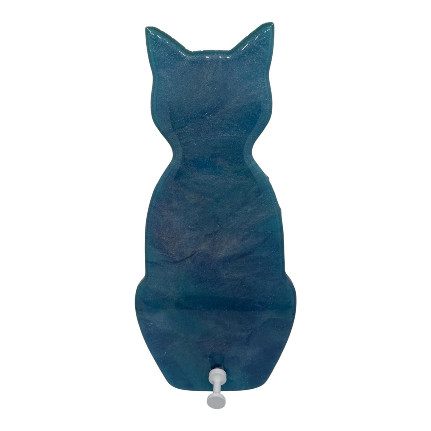 Ocean blue swirled resign wall art shaped like a cat with a silver hook.