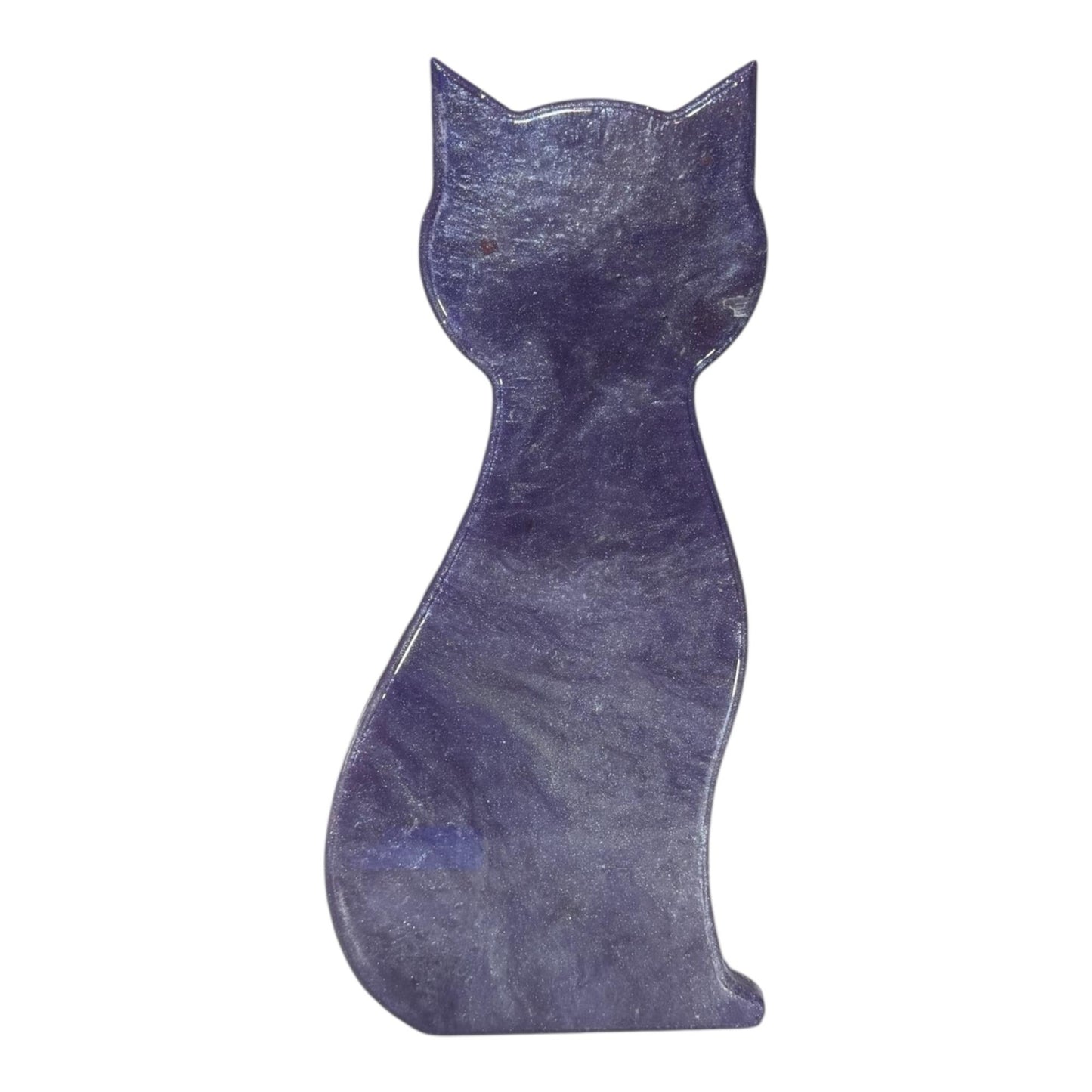Marbled purple resin wall art in the shape of a cat.