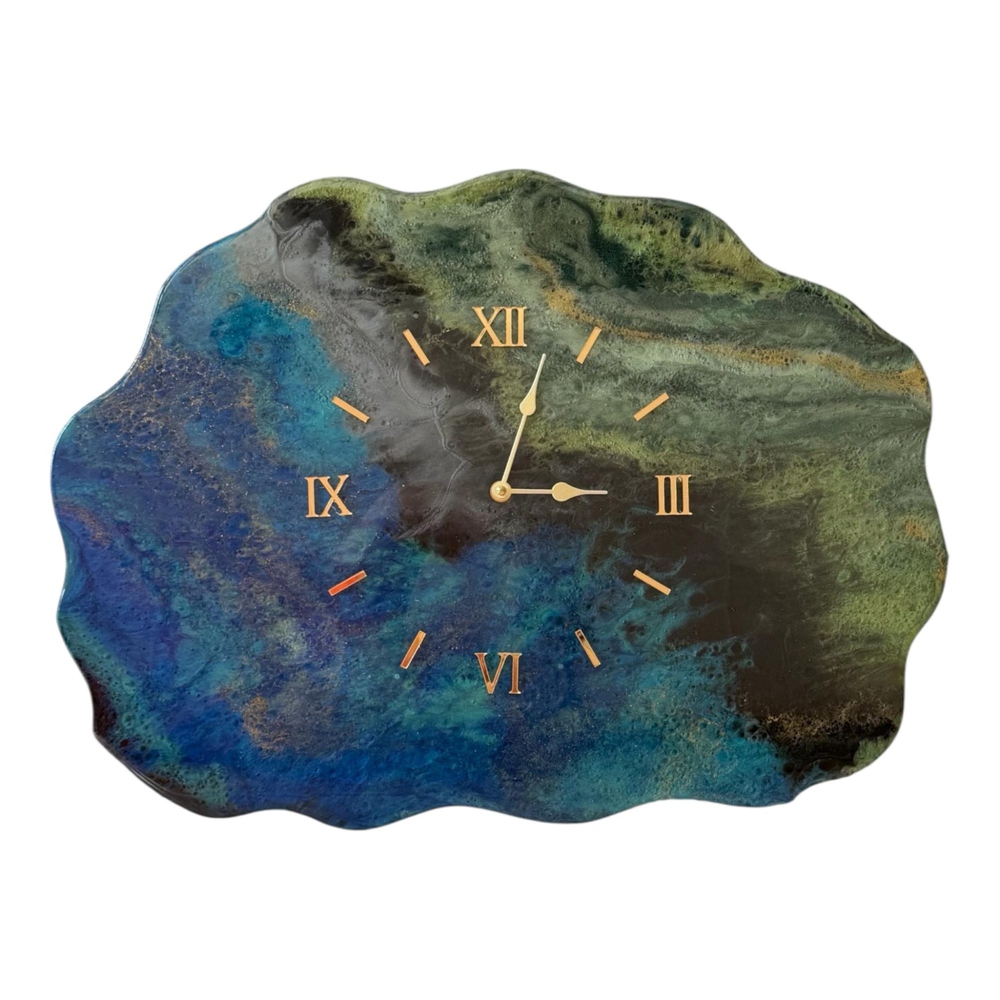 A resin wall clock in blue and green swirled colors with gold hands and roman numerals.