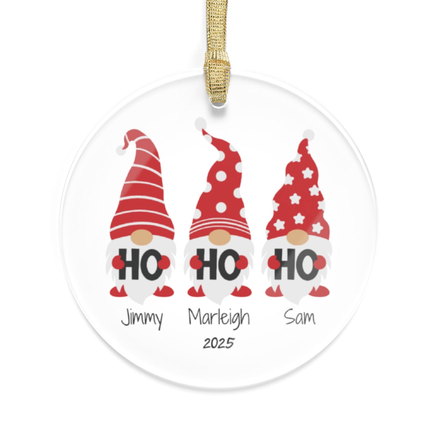 Ornament with three elves and names below for personalization and customization