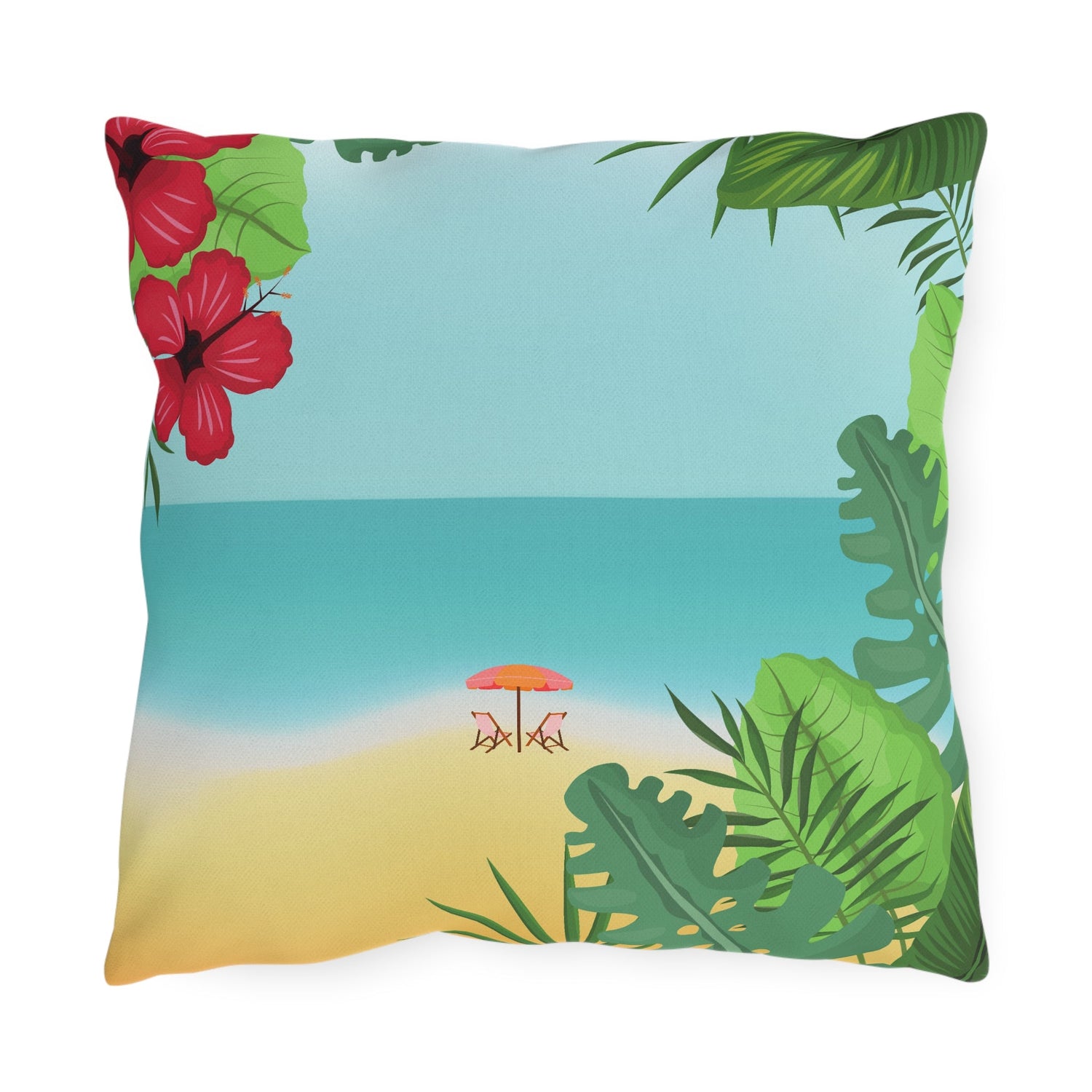A pillow designed with tropical flowers in the foreground and a beach and ocean beyond