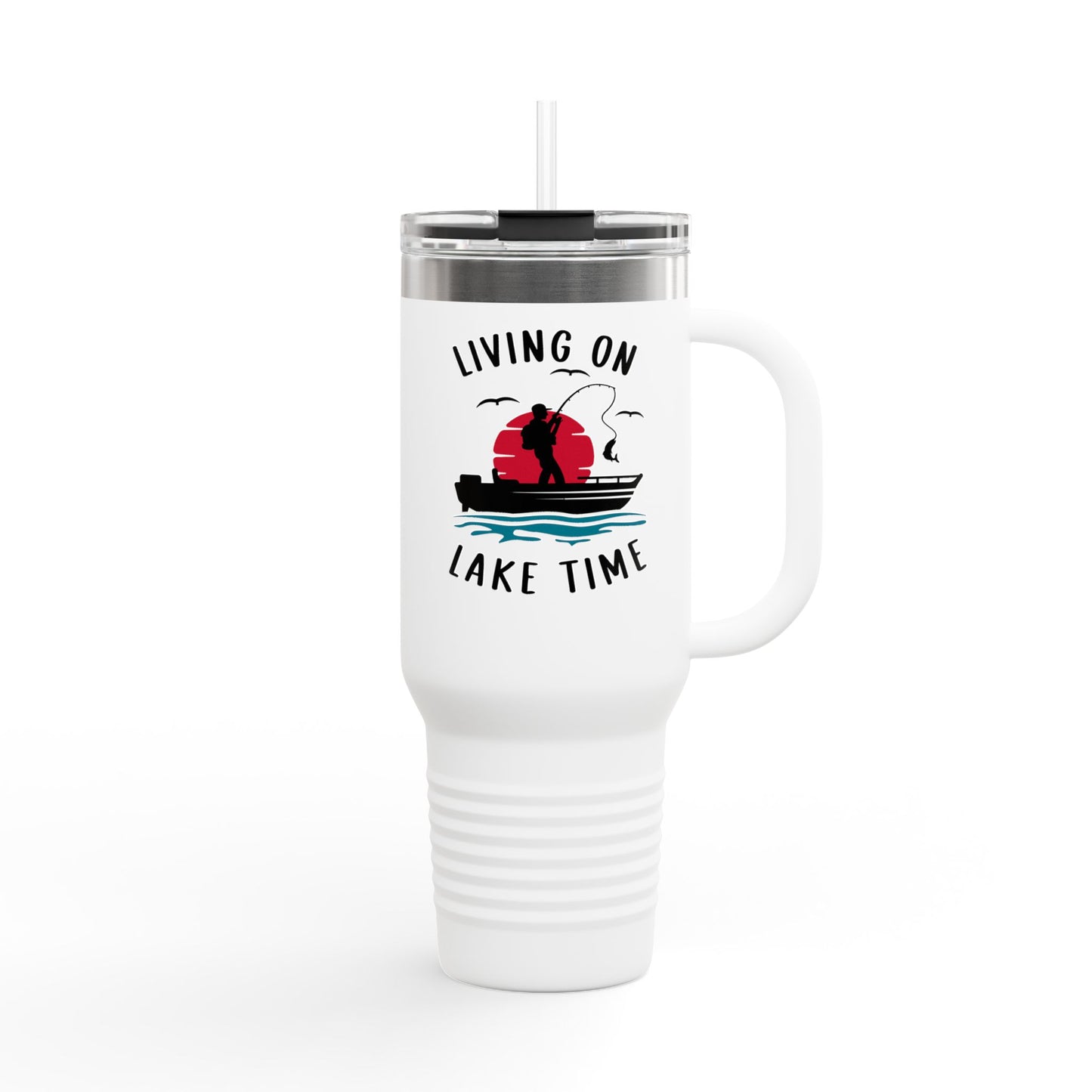 Living on Lake Time Travel Mug, Insulated Drinkware, Great for Fishing Lovers, Outdoor Adventures, Gifts for Fishermen