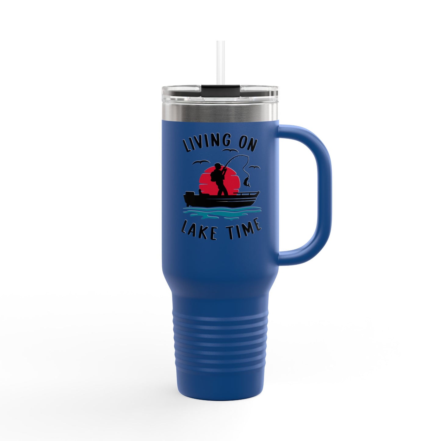 Living on Lake Time Travel Mug, Insulated Drinkware, Great for Fishing Lovers, Outdoor Adventures, Gifts for Fishermen