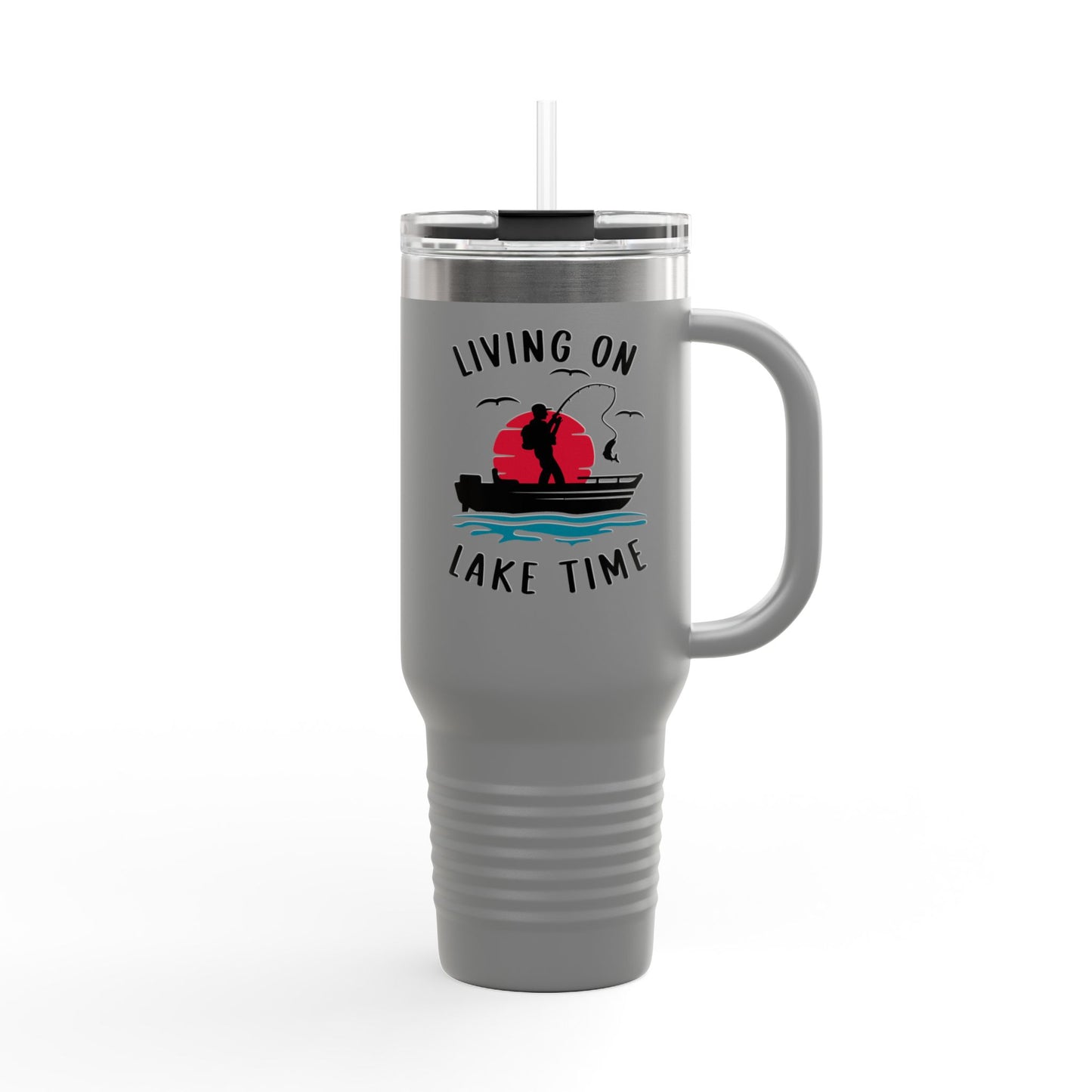 Living on Lake Time Travel Mug, Insulated Drinkware, Great for Fishing Lovers, Outdoor Adventures, Gifts for Fishermen