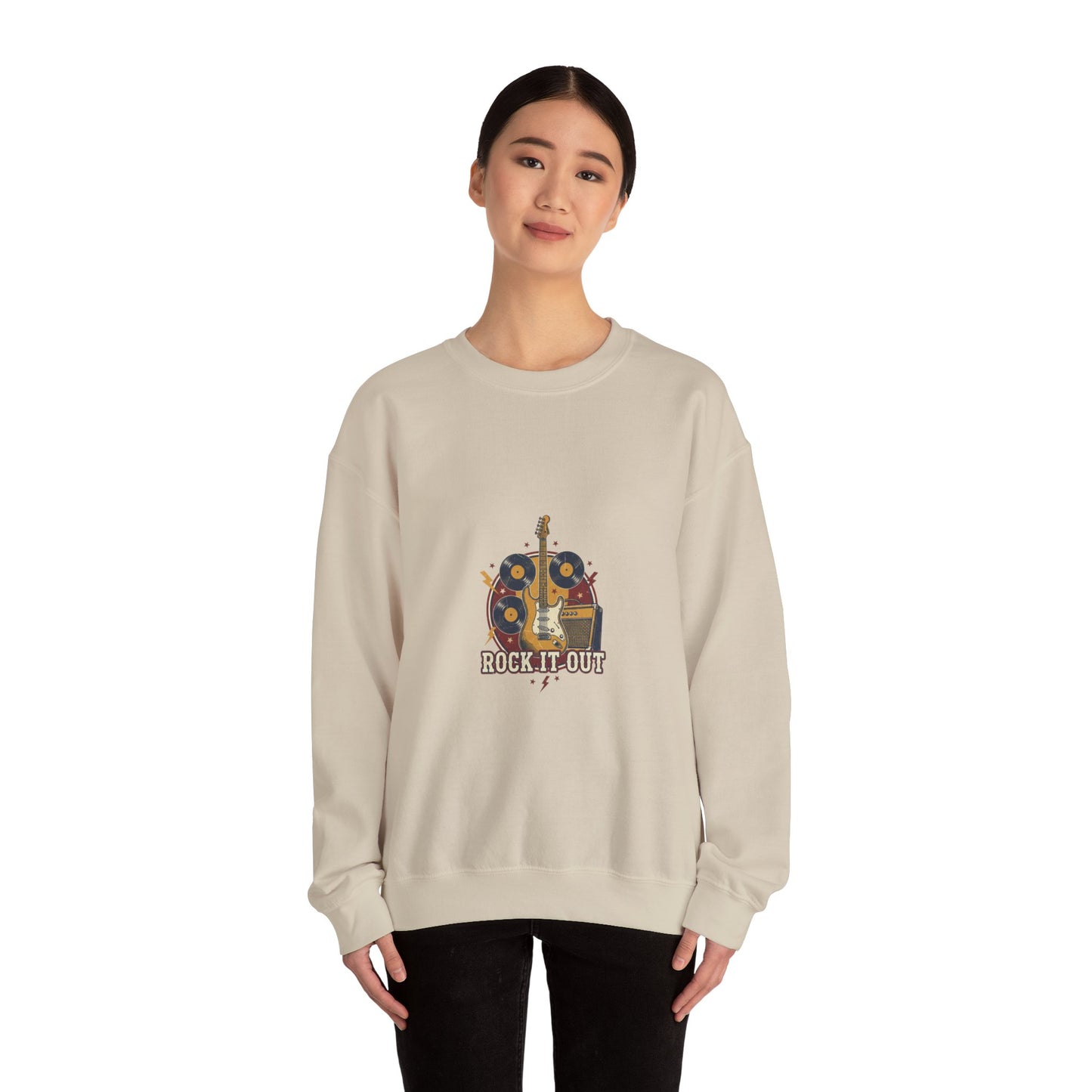 Rock It Out Guitar Crest Sweatshirt | Retro Band Tee, Vintage Style