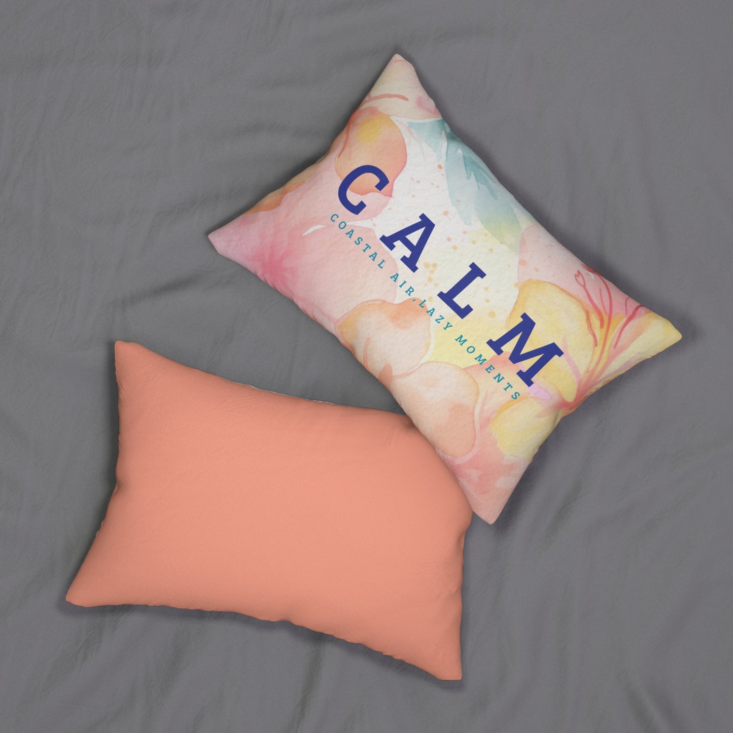 CALM coastal air lazy moments Lumbar Pillow | watercolor florals - Peach back