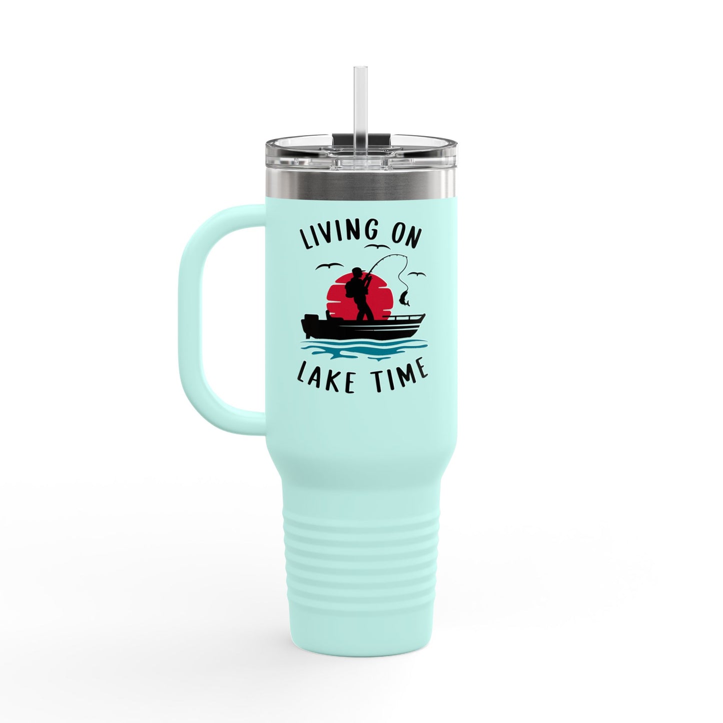 Living on Lake Time Travel Mug, Insulated Drinkware, Great for Fishing Lovers, Outdoor Adventures, Gifts for Fishermen