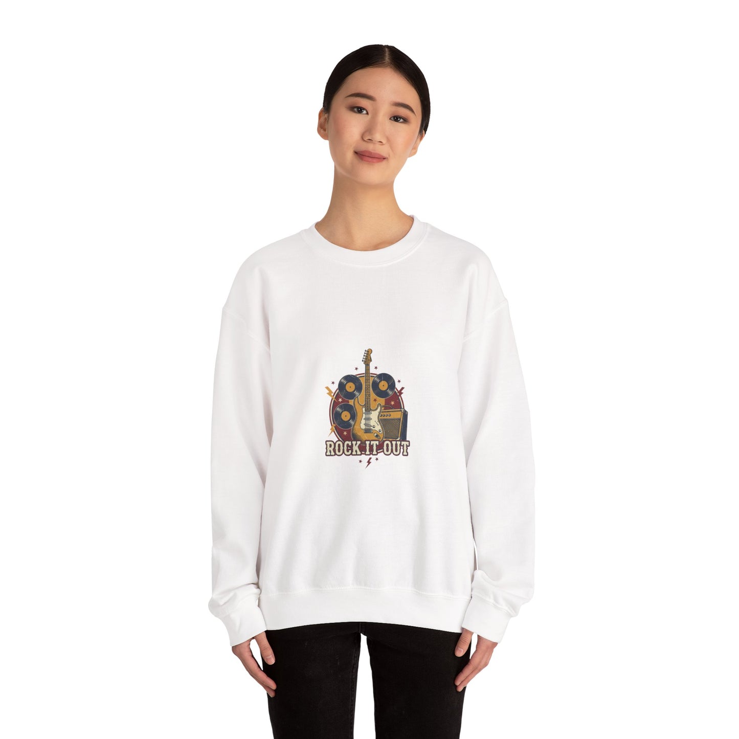 Rock It Out Guitar Crest Sweatshirt | Retro Band Tee, Vintage Style