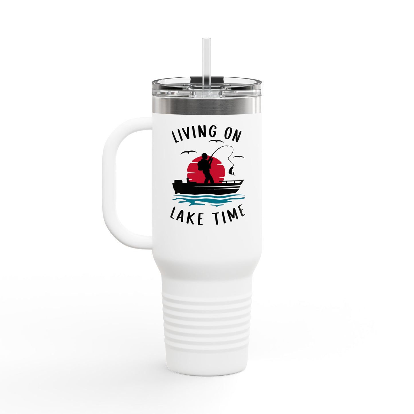 Living on Lake Time Travel Mug, Insulated Drinkware, Great for Fishing Lovers, Outdoor Adventures, Gifts for Fishermen
