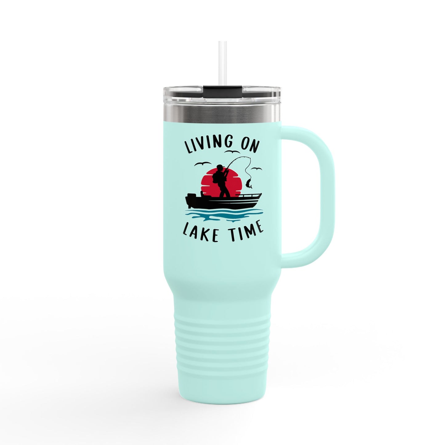 Living on Lake Time Travel Mug, Insulated Drinkware, Great for Fishing Lovers, Outdoor Adventures, Gifts for Fishermen