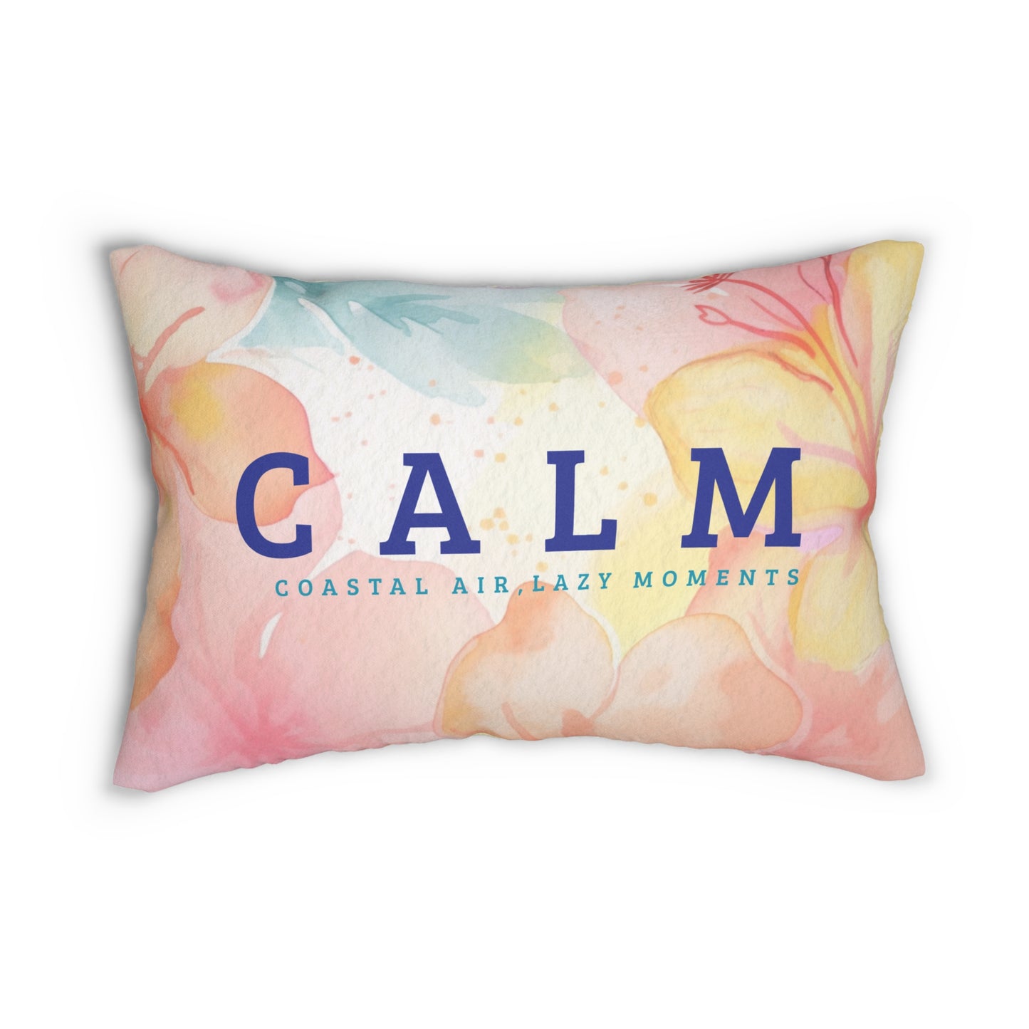 CALM coastal air lazy moments Lumbar Pillow | watercolor florals - Yellow back