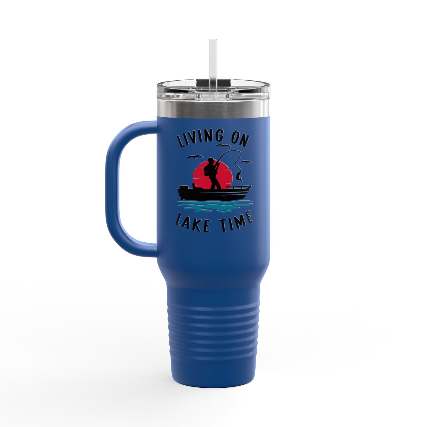 Living on Lake Time Travel Mug, Insulated Drinkware, Great for Fishing Lovers, Outdoor Adventures, Gifts for Fishermen