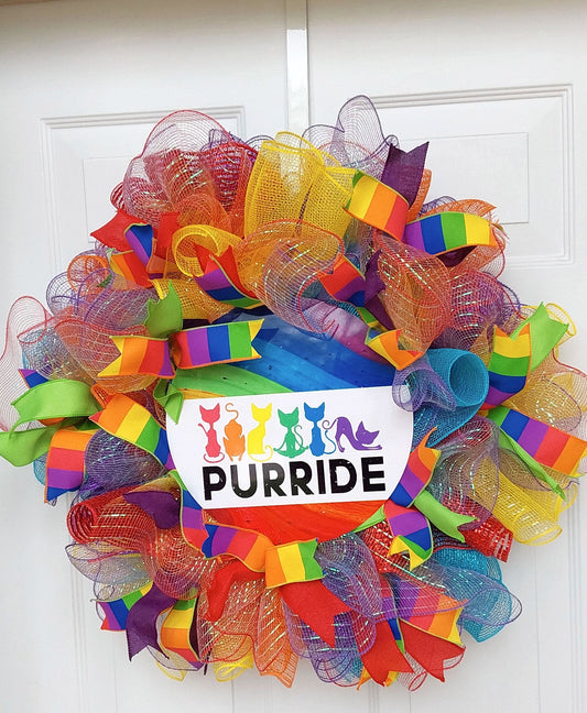 “Purride” Rainbow Cat Wreath – Colorful Pride Door Décor for Cat Lovers