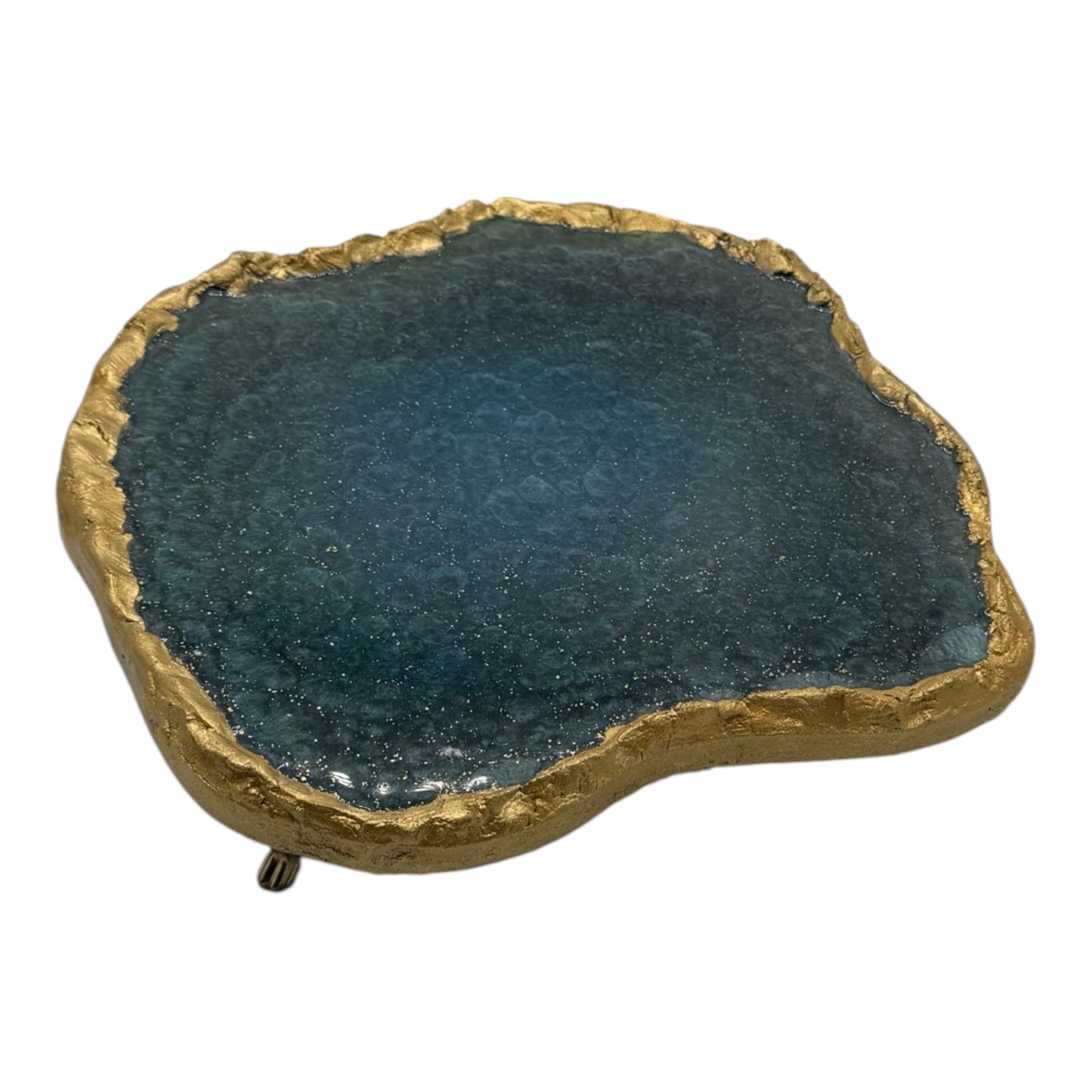 Resin Decorative Tray – Deep Teal Geode with Gold Edge