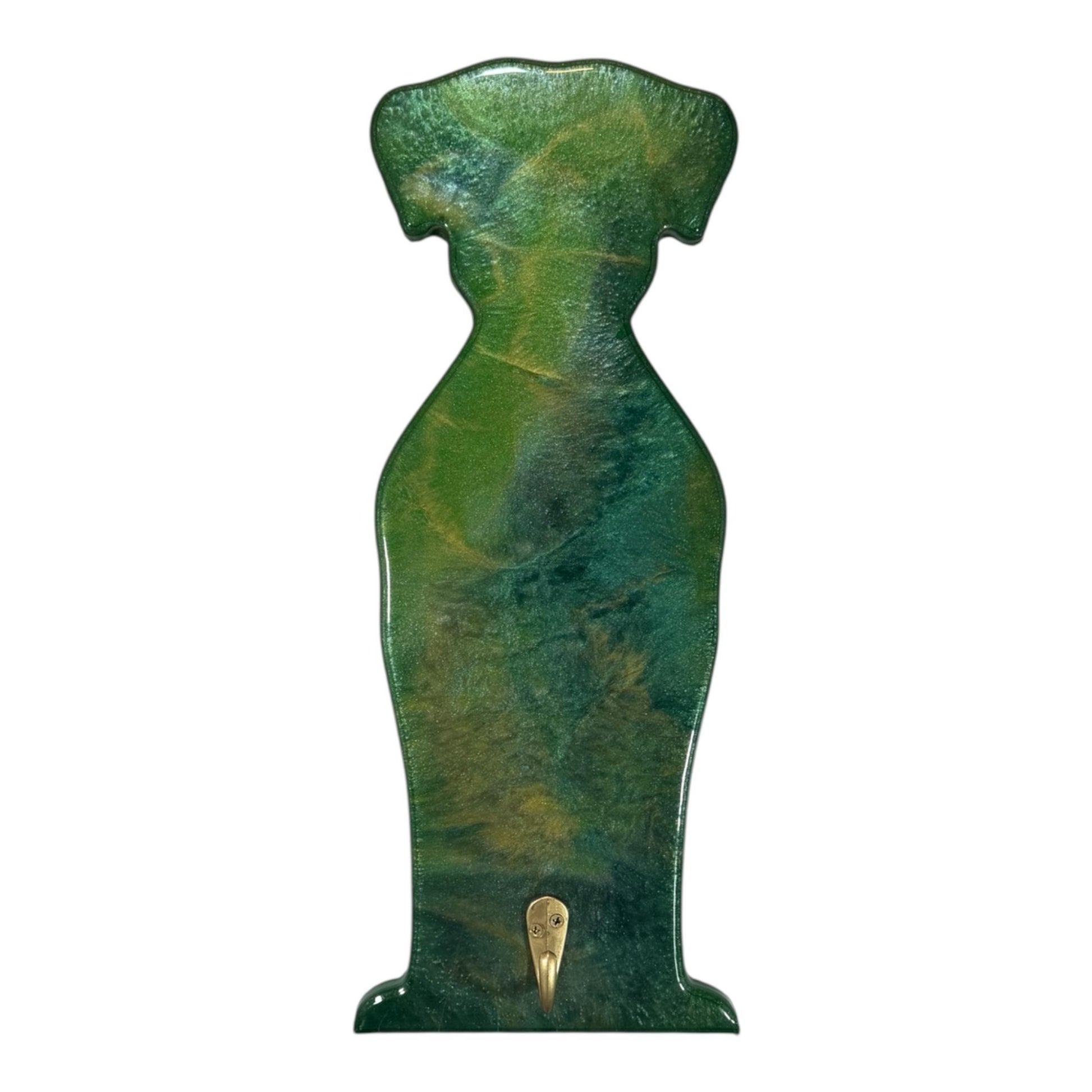 Emerald and forest green swirled resin wall art shaped like a dog with a golden hook.