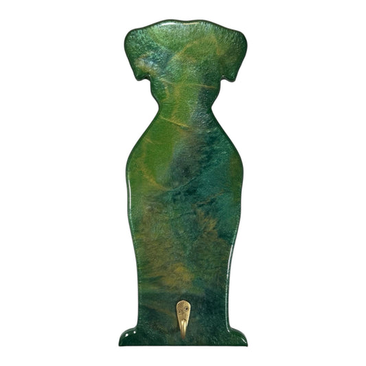 Emerald and forest green swirled resin wall art shaped like a dog with a golden hook.