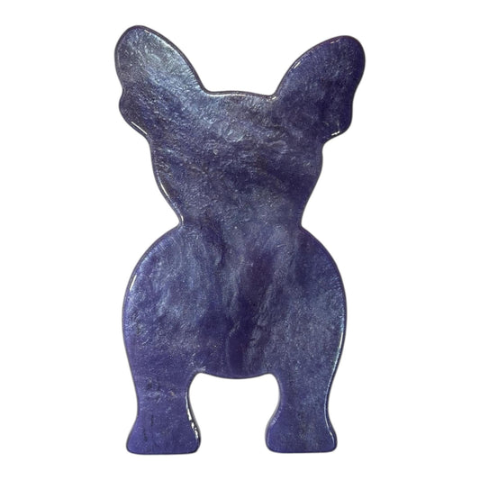 A blue swirled, bulldog shaped resin wall decoration on a white background.