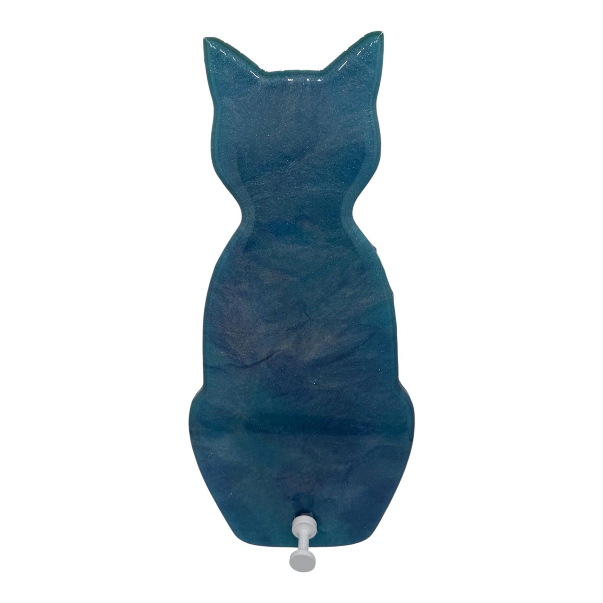 Ocean blue swirled resign wall art shaped like a cat with a silver hook.