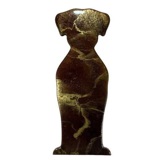 Brown and gold swirled, dog-shaped resin wall art on a white background.
