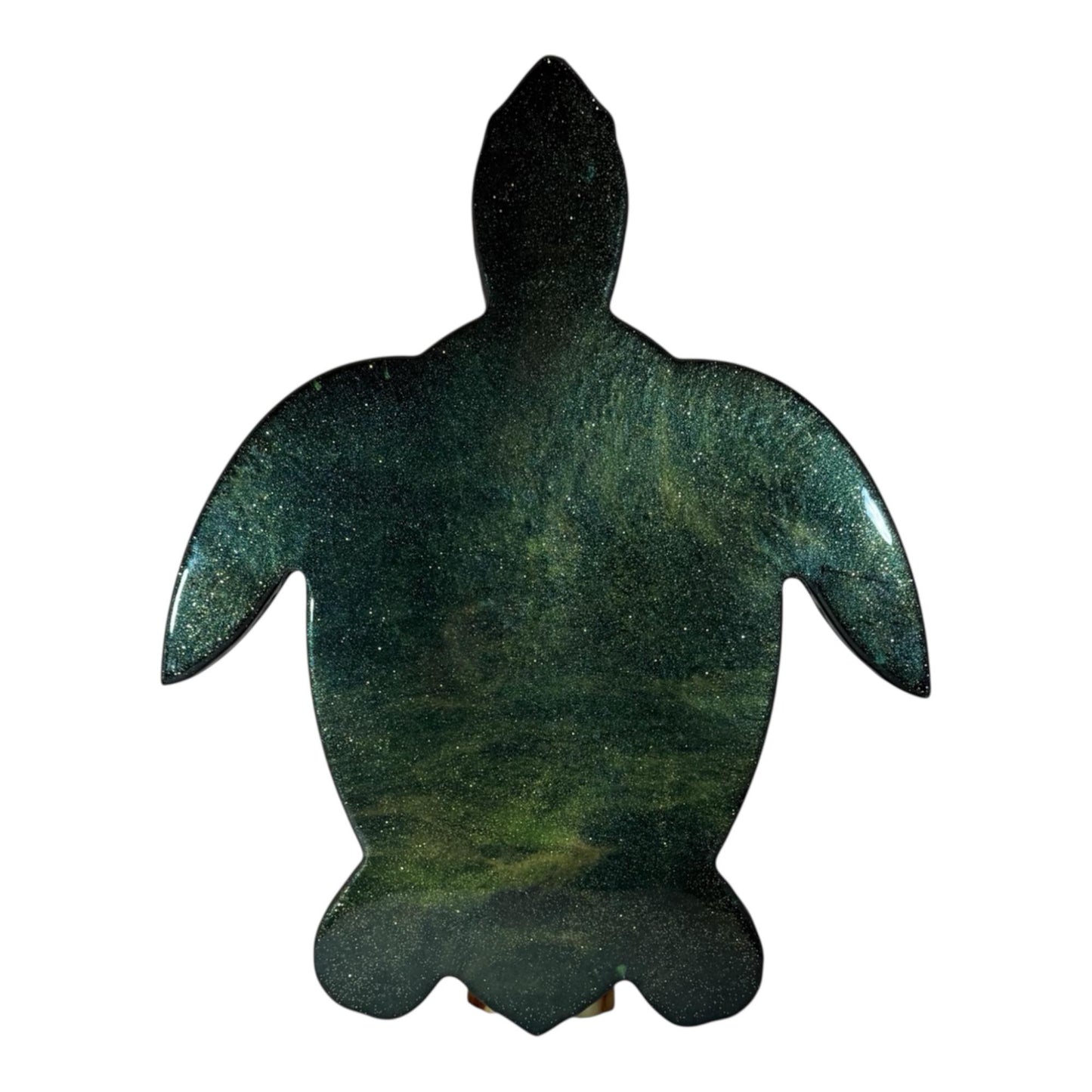 Sea turtle shaped resin wall art in a rich emerald and deep sea green finish.