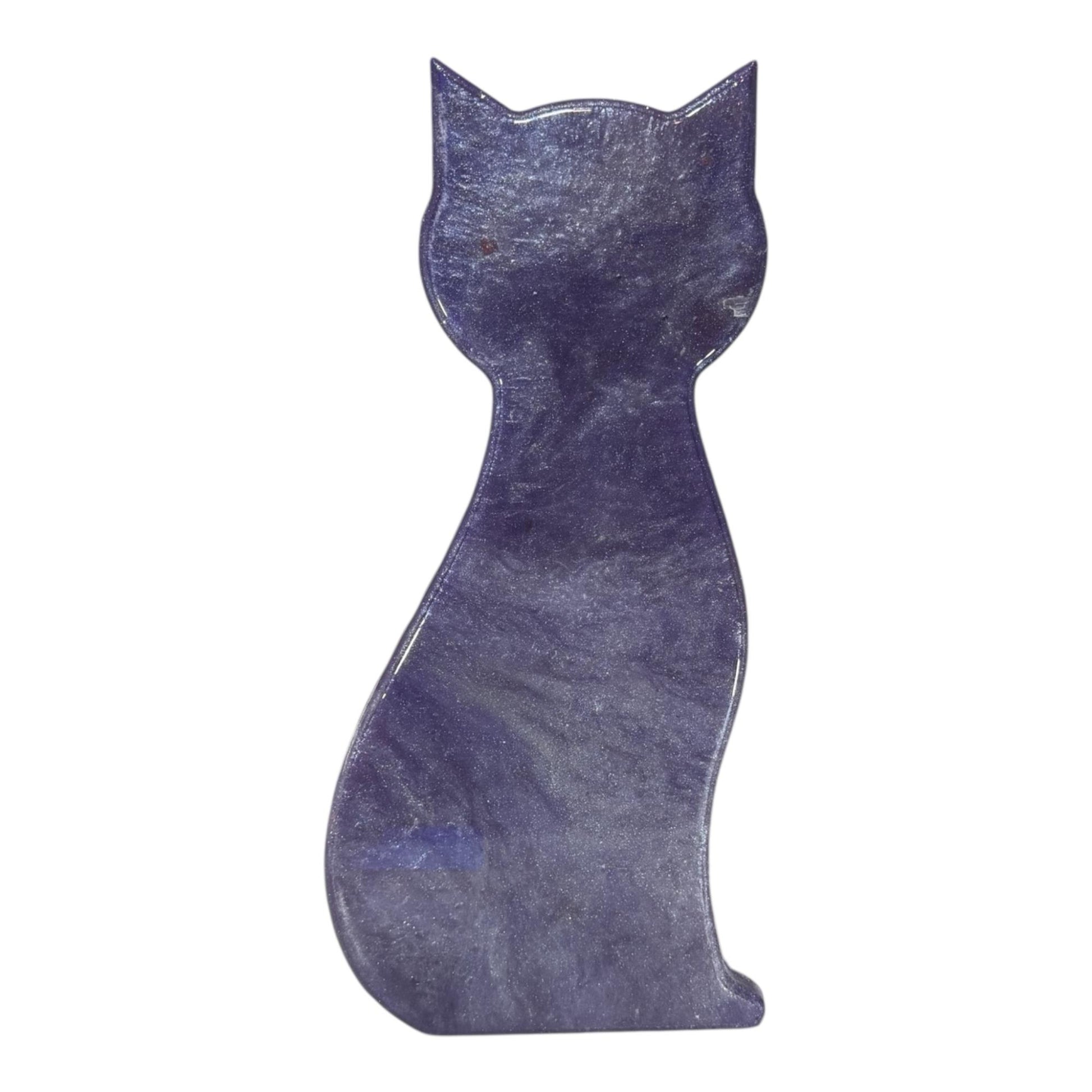 Marbled purple resin wall art in the shape of a cat.
