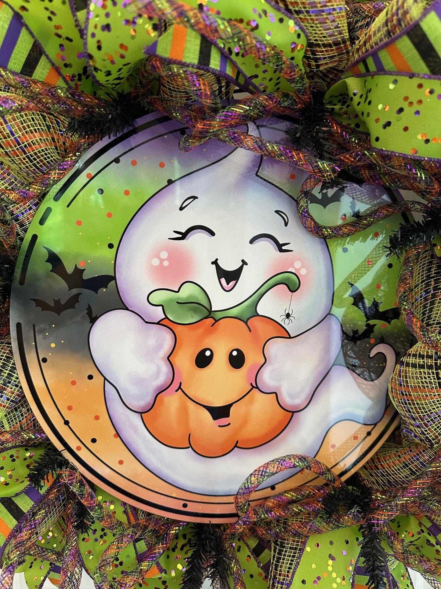 Whimsical Ghost & Pumpkin Halloween Wreath – Festive Front Door Décor